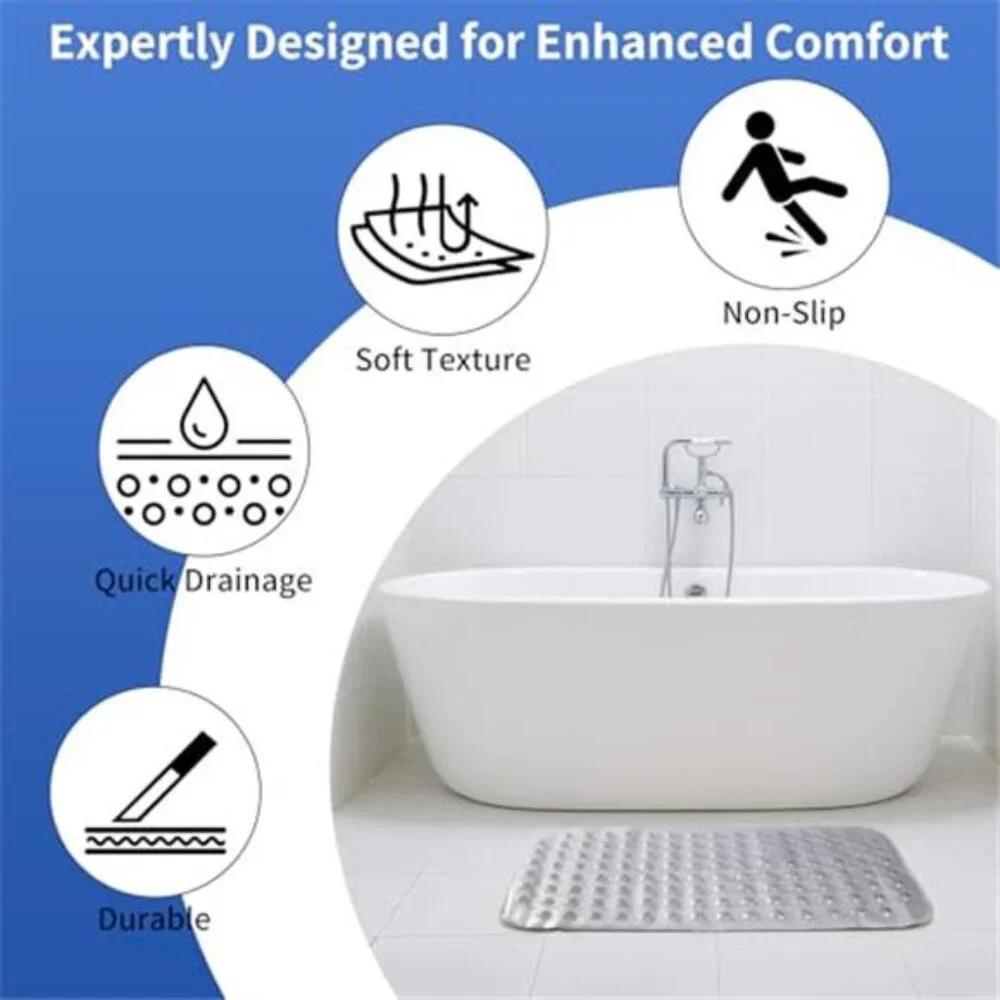 Non Slip Bath Mat PVC Shower Tub Mat Suction Cups Quick Dry 28x15 Grey